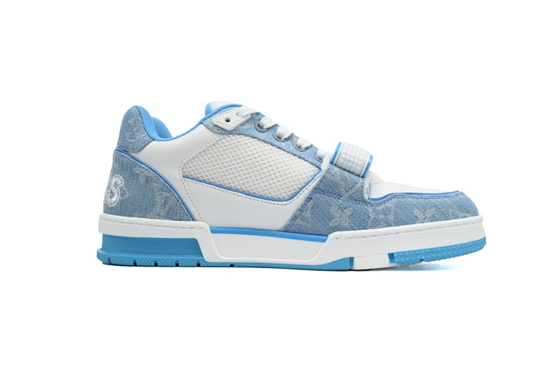 【EA0ET】牛仔蓝色魔术贴 LV板鞋 Louis Vuitton Trainer Blue 网眼经典印花 时尚板鞋