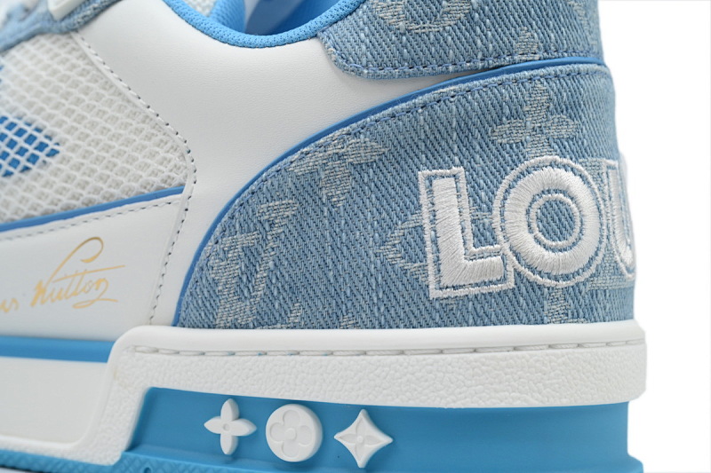 【EA0ET】牛仔蓝色魔术贴 LV板鞋 Louis Vuitton Trainer Blue 网眼经典印花 时尚板鞋