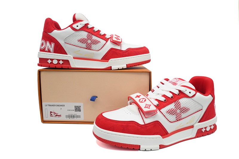 【EA0ET】牛仔玫红魔术贴 LV板鞋 Louis Vuitton Trainer Rose Red 网眼经典印花 时尚板鞋