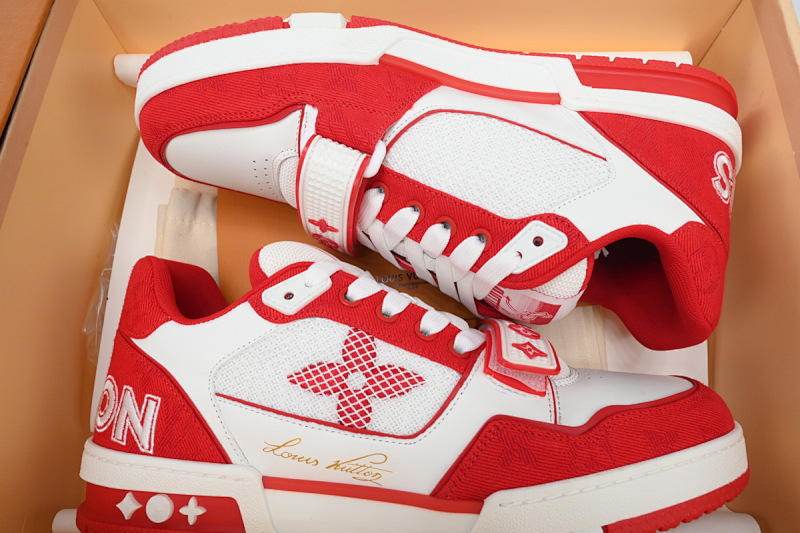 【EA0ET】牛仔玫红魔术贴 LV板鞋 Louis Vuitton Trainer Rose Red 网眼经典印花 时尚板鞋