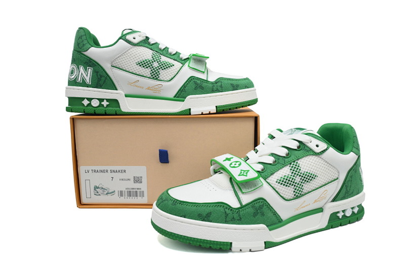 【EA0ET】牛仔绿色魔术贴 LV板鞋 Louis Vuitton Trainer Green 网眼经典印花 时尚板鞋