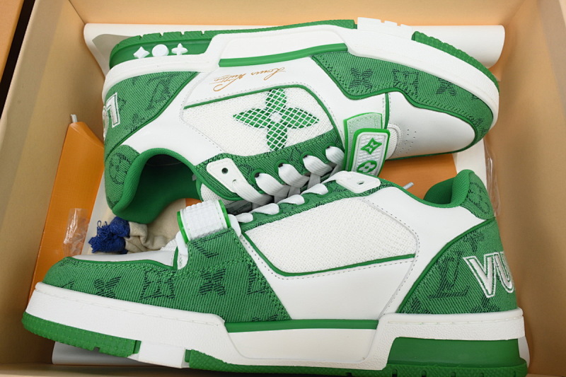 【EA0ET】牛仔绿色魔术贴 LV板鞋 Louis Vuitton Trainer Green 网眼经典印花 时尚板鞋