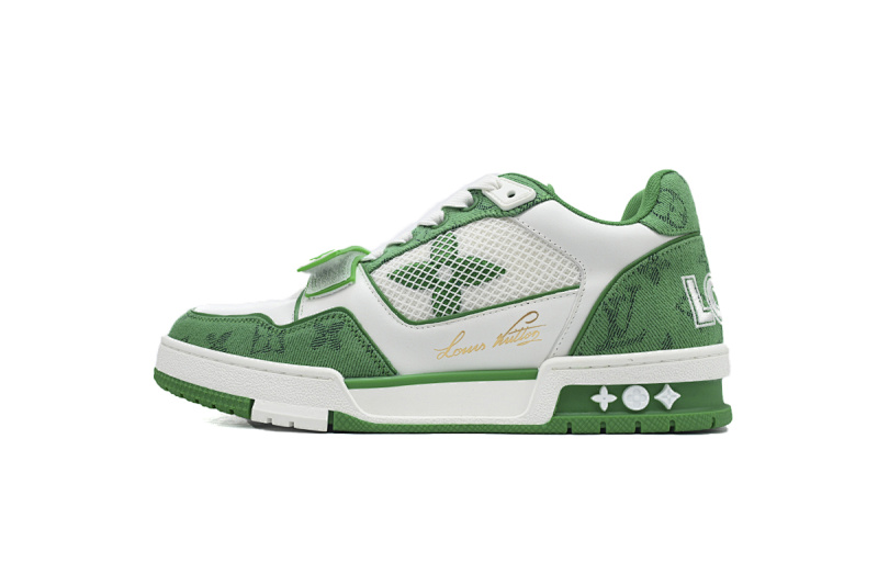 【EA0ET】牛仔绿色魔术贴 LV板鞋 Louis Vuitton Trainer Green 网眼经典印花 时尚板鞋