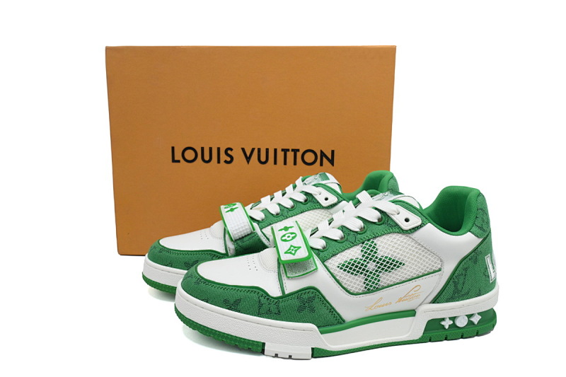 【EA0ET】牛仔绿色魔术贴 LV板鞋 Louis Vuitton Trainer Green 网眼经典印花 时尚板鞋