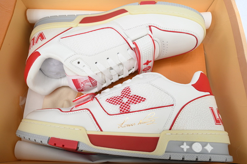 【EA0ET】红色魔术贴 LV板鞋 Louis Vuitton Trainer Red 圆头印花 时尚板鞋