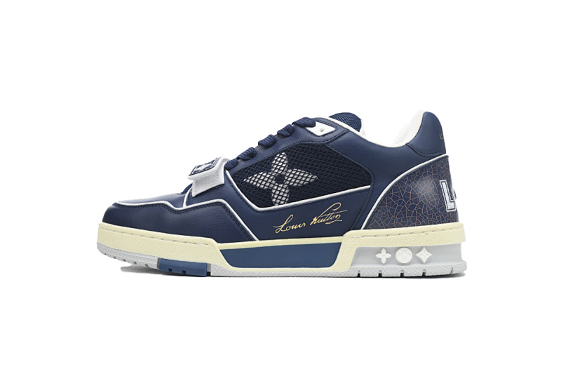 【EA0ET】深蓝魔术贴 LV板鞋 Louis Vuitton Trainer Dark Blue 圆头印花 时尚板鞋