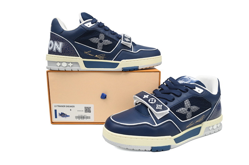 【EA0ET】深蓝魔术贴 LV板鞋 Louis Vuitton Trainer Dark Blue 圆头印花 时尚板鞋