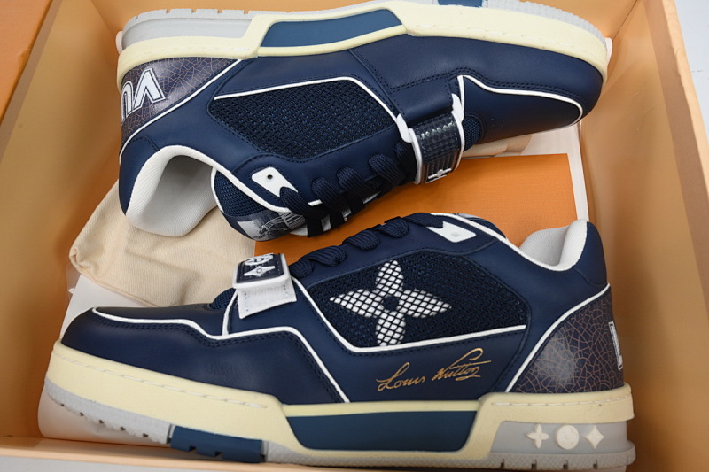 【EA0ET】深蓝魔术贴 LV板鞋 Louis Vuitton Trainer Dark Blue 圆头印花 时尚板鞋