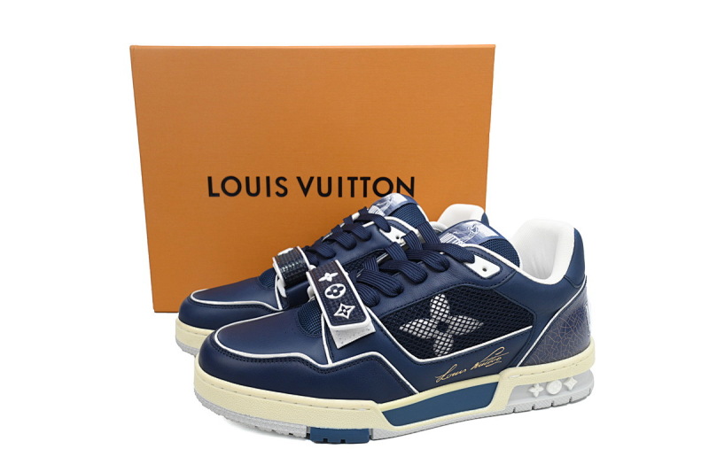 【EA0ET】深蓝魔术贴 LV板鞋 Louis Vuitton Trainer Dark Blue 圆头印花 时尚板鞋