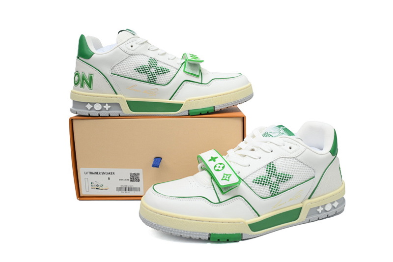 【EA0ET】绿色魔术贴 LV板鞋 Louis Vuitton Trainer Green 圆头印花 时尚板鞋