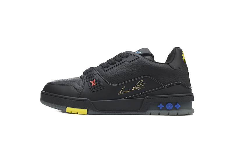【EA0ET】黑荔枝 LV板鞋 Louis Vuitton Trainer Black 皮革网眼徽标金色签名 时尚板鞋