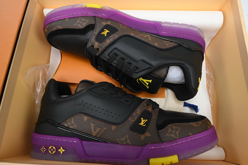 【EA0ET】紫金湖人 LV板鞋 Louis Vuitton Trainer White Orange 牛皮经典花纹 时尚板鞋