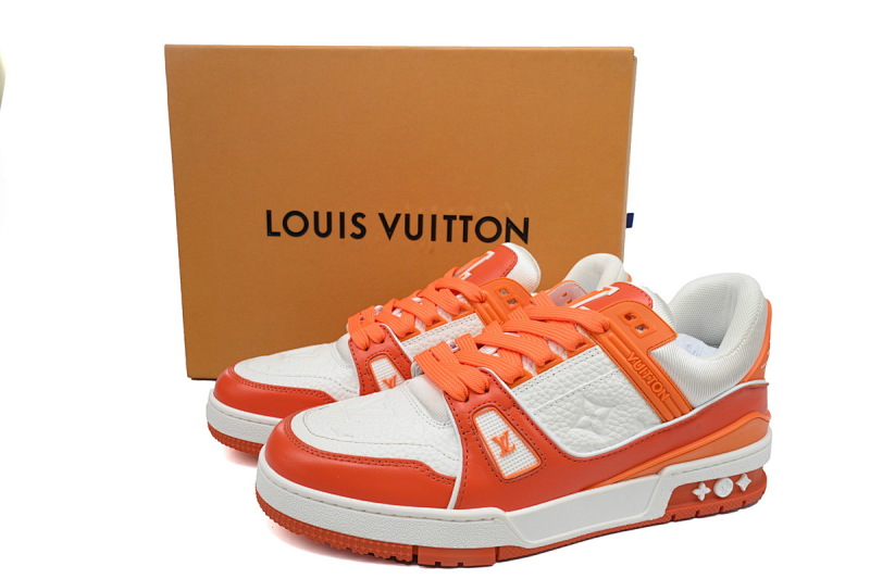 【EA0ET】压花白橙 LV板鞋 Louis Vuitton Trainer White Orange 牛皮花纹 时尚板鞋