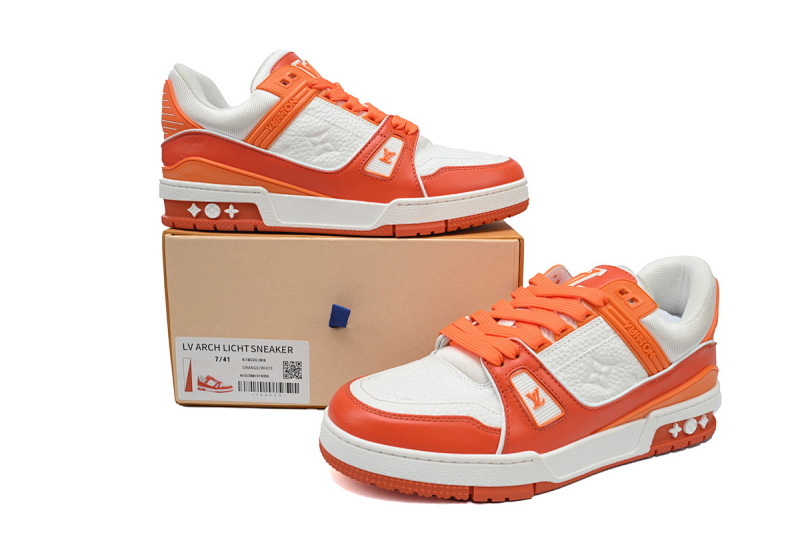 【EA0ET】压花白橙 LV板鞋 Louis Vuitton Trainer White Orange 牛皮花纹 时尚板鞋