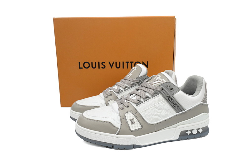 【EA0ET】压花灰白 LV板鞋 Louis Vuitton Trainer Grey White 牛皮花纹 时尚板鞋