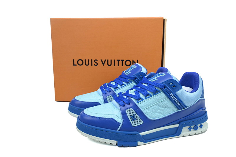 【EA0ET】压花白蓝 LV板鞋 Louis Vuitton Trainer White Blue 牛皮花纹 时尚板鞋