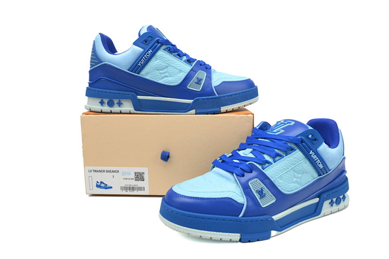 【EA0ET】压花白蓝 LV板鞋 Louis Vuitton Trainer White Blue 牛皮花纹 时尚板鞋