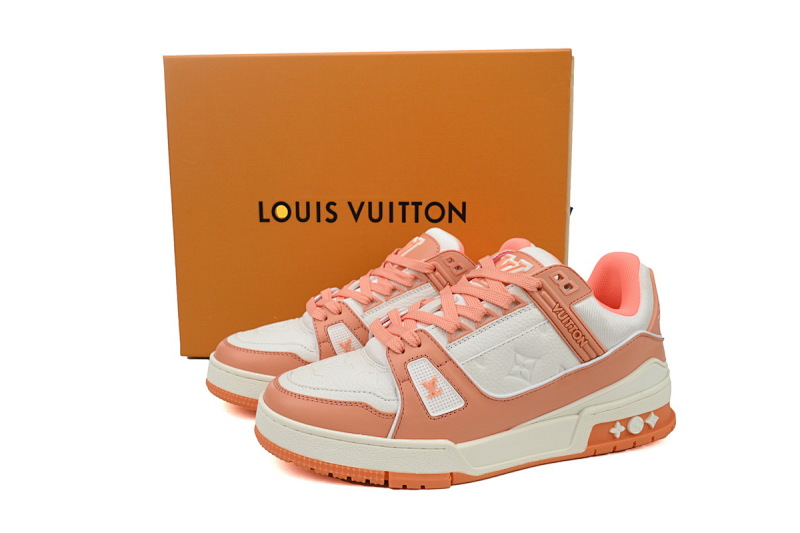 【EA0ET】压花蜜桃粉 LV板鞋 Louis Vuitton Trainer Peach 牛皮花纹 时尚板鞋