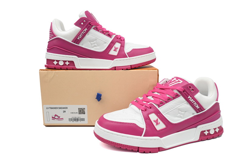 【EA0ET】压花玫红 LV板鞋 Louis Vuitton Trainer Rose Red 牛皮系带压纹 时尚板鞋