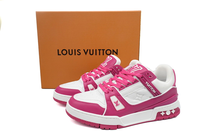 【EA0ET】压花玫红 LV板鞋 Louis Vuitton Trainer Rose Red 牛皮系带压纹 时尚板鞋