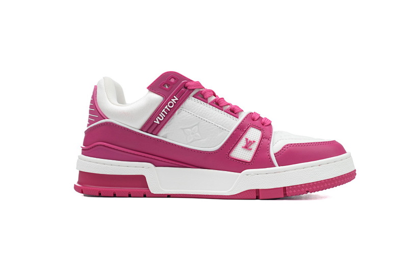 【EA0ET】压花玫红 LV板鞋 Louis Vuitton Trainer Rose Red 牛皮系带压纹 时尚板鞋
