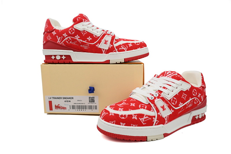 【EA0ET】绒布红色 LV板鞋 Louis Vuitton Trainer Red 低帮系带 时尚板鞋