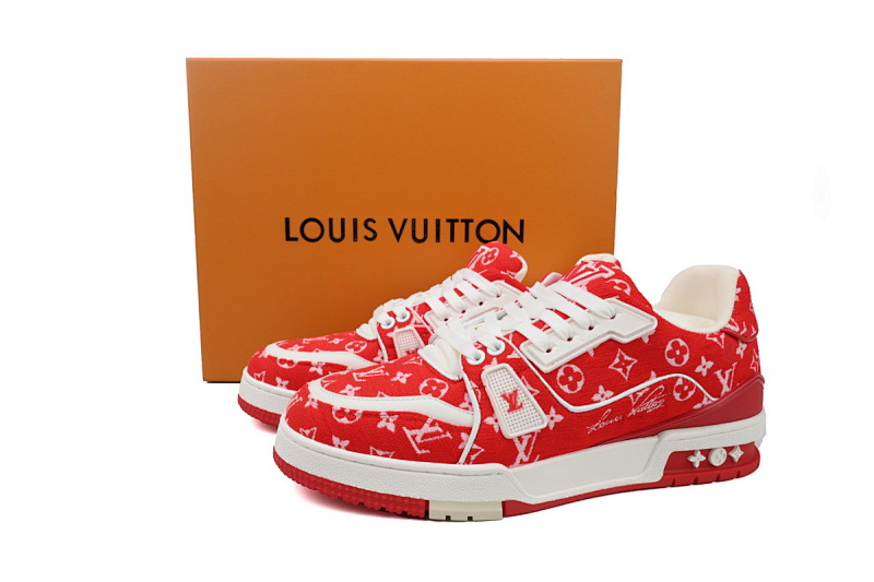 【EA0ET】绒布红色 LV板鞋 Louis Vuitton Trainer Red 低帮系带 时尚板鞋