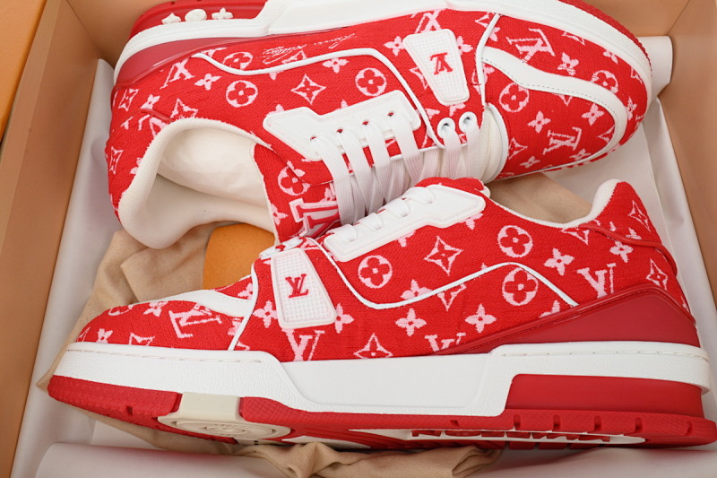 【EA0ET】绒布红色 LV板鞋 Louis Vuitton Trainer Red 低帮系带 时尚板鞋