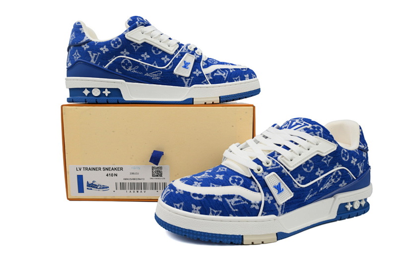 【EA0ET】绒布蓝色 LV板鞋 Louis Vuitton Trainer Blue 低帮系带 时尚板鞋