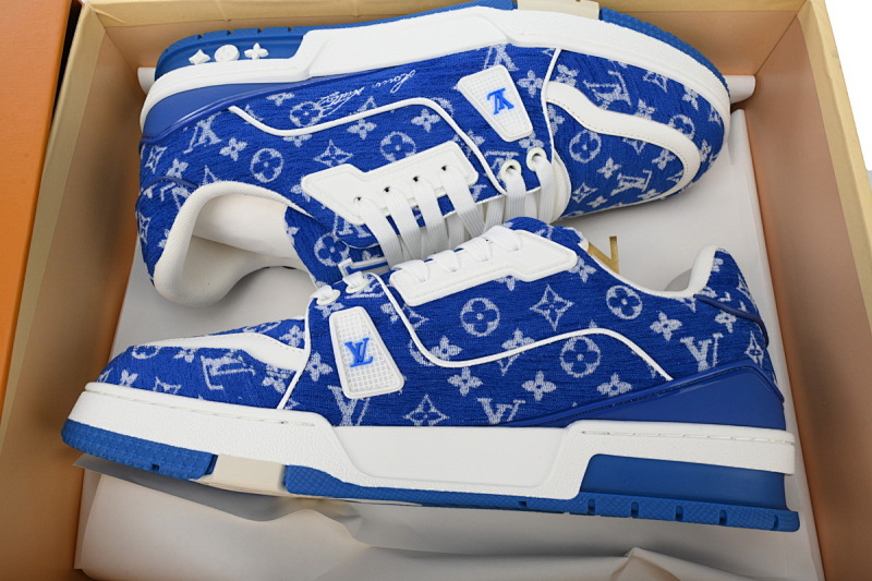 【EA0ET】绒布蓝色 LV板鞋 Louis Vuitton Trainer Blue 低帮系带 时尚板鞋