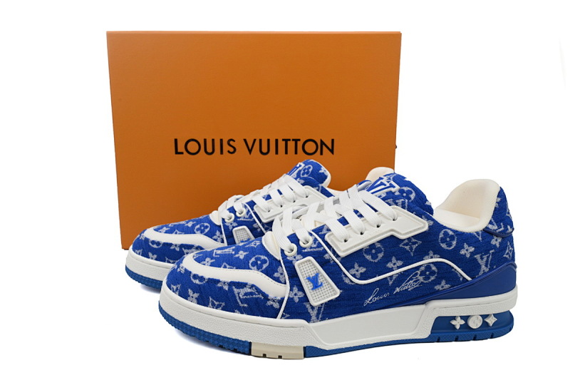 【EA0ET】绒布蓝色 LV板鞋 Louis Vuitton Trainer Blue 低帮系带 时尚板鞋