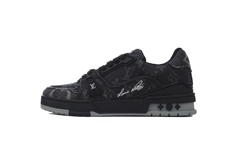 【EA0ET】黑色牛仔破洞 LV板鞋 Louis Vuitton Trainer Black 圆头系带 低帮时尚板鞋