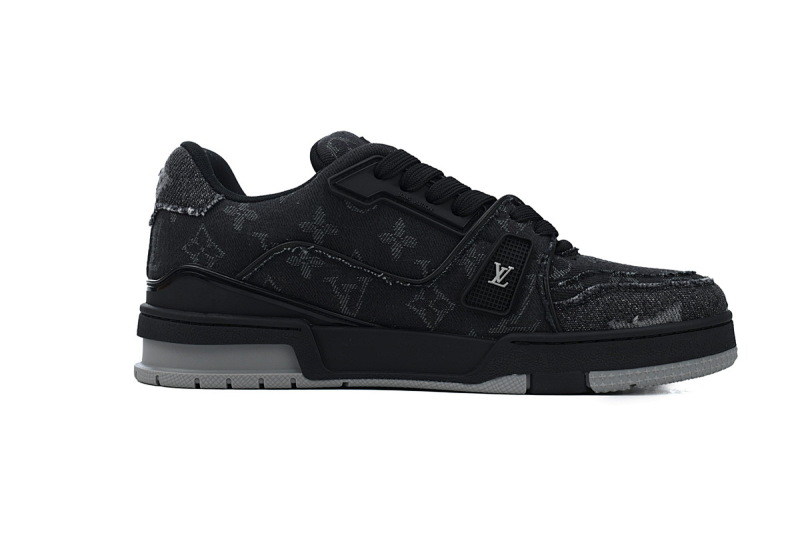 【EA0ET】黑色牛仔破洞 LV板鞋 Louis Vuitton Trainer Black 圆头系带 低帮时尚板鞋