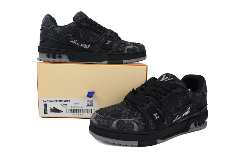 【EA0ET】黑色牛仔破洞 LV板鞋 Louis Vuitton Trainer Black 圆头系带 低帮时尚板鞋