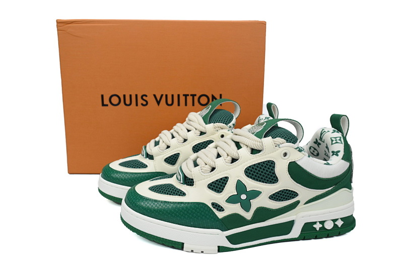 【EA0ET】SK8白绿 路易威登皮革系带时尚板鞋 1AC520 Louis Vuitton Leather lace up Fashionable Board Shoes White Green