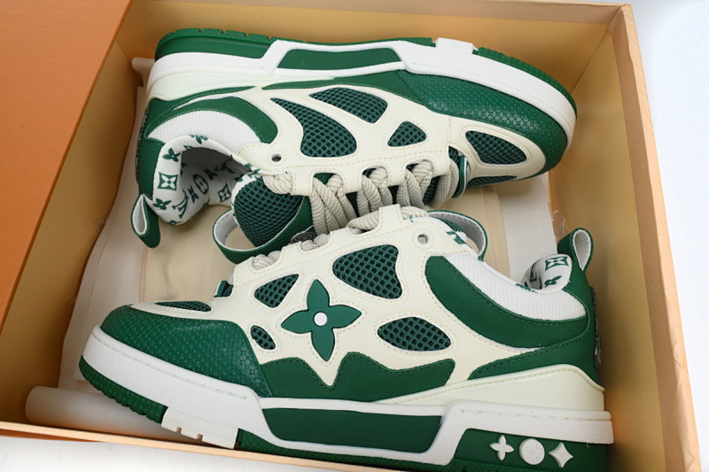 【EA0ET】SK8白绿 路易威登皮革系带时尚板鞋 1AC520 Louis Vuitton Leather lace up Fashionable Board Shoes White Green