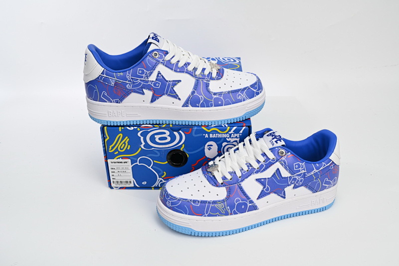 【AD1BP】兰色彩喷-38 跑量款芭比猿猴低帮板鞋 1H73 191 913 A Bathing Ape Bape Sta Low Black Blue Color Spray Painting