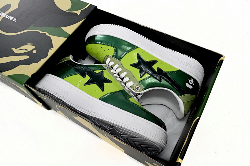 【AD1BP】荧光绿-34 跑量款芭比猿猴低帮板鞋 1H20 190 046 A Bathing Ape Bape Sta Low Black Green Mirror Surface