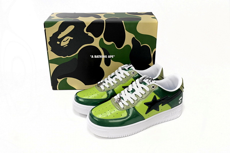 【AD1BP】荧光绿-34 跑量款芭比猿猴低帮板鞋 1H20 190 046 A Bathing Ape Bape Sta Low Black Green Mirror Surface