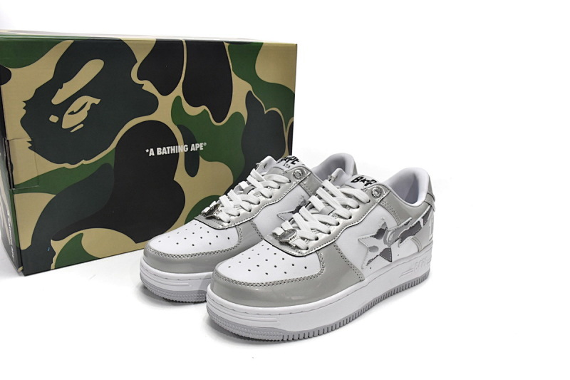 【AD1BP】白灰彩镜-15 跑量款芭比猿猴低帮板鞋 A Bathing Ape Bape Sta Low White Grey Mirror Surface