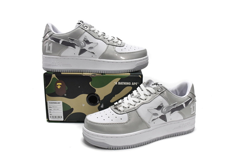 【AD1BP】白灰彩镜-15 跑量款芭比猿猴低帮板鞋 A Bathing Ape Bape Sta Low White Grey Mirror Surface