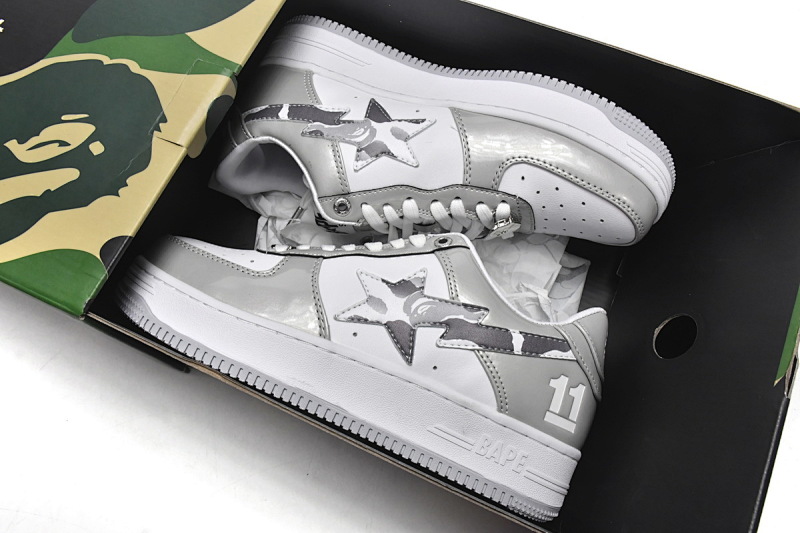 【AD1BP】白灰彩镜-15 跑量款芭比猿猴低帮板鞋 A Bathing Ape Bape Sta Low White Grey Mirror Surface