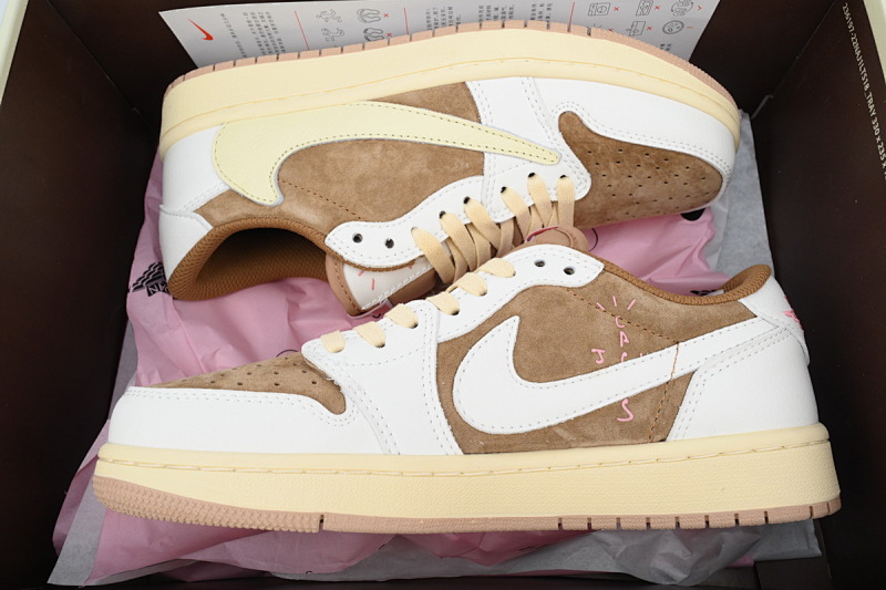 【BA5AQ】棕粉倒勾 乔丹1代低帮 DM7866-106 Travis Scott x Air Jordan 1 Low OG Sail Shy Pink
