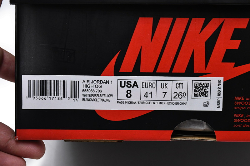 【BA7XH】白紫金 东莞版乔丹1代篮球鞋555088-706 Air Jordan 1 High OG “Brotherhood”