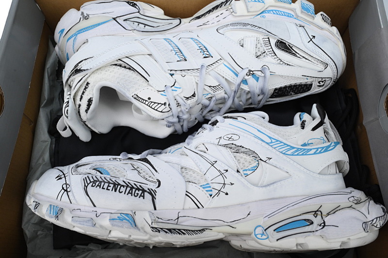 【DA0LJ】涂鸦白蓝-100 巴黎3代时尚复古低帮跑鞋 542023 W3SRA 9014 Balenciaga Track Sneaker 'White Blue'