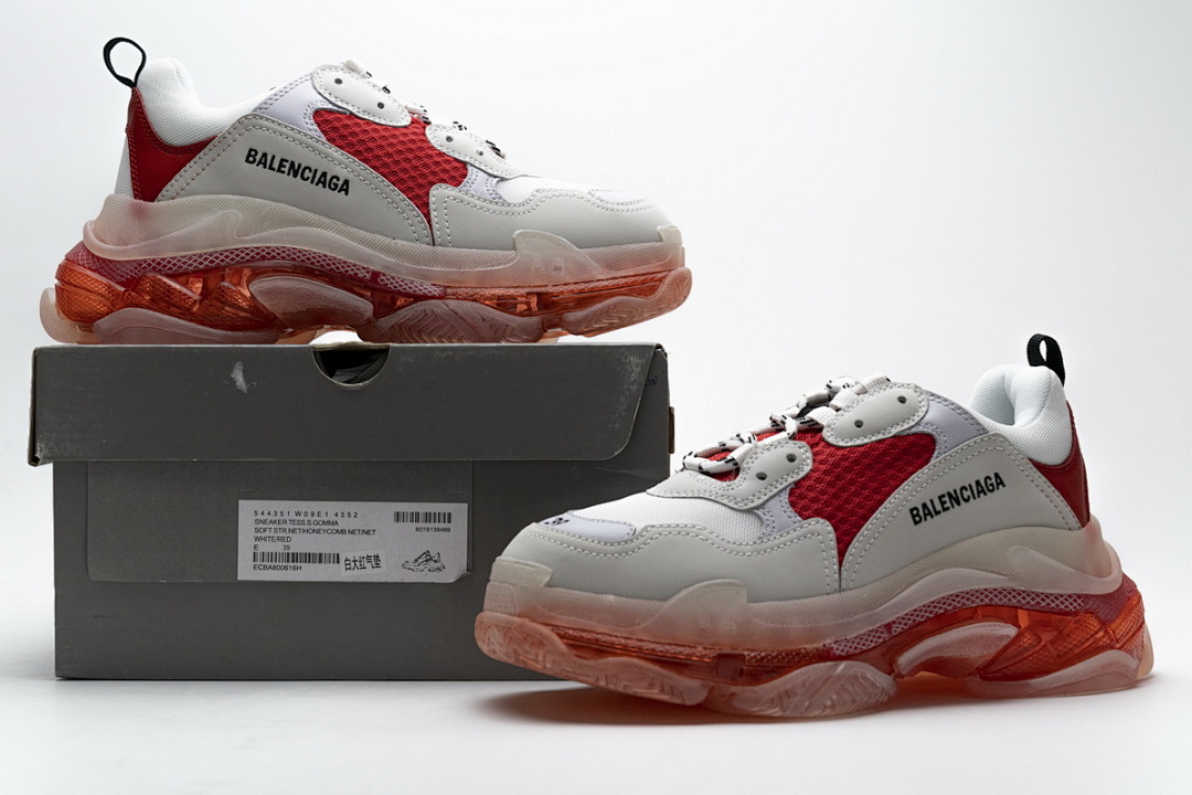 【DA0LJ】白红气垫 巴黎世家水晶透明底气垫鞋 544351 W09E1 4552 Balenciaga Triple S White Red